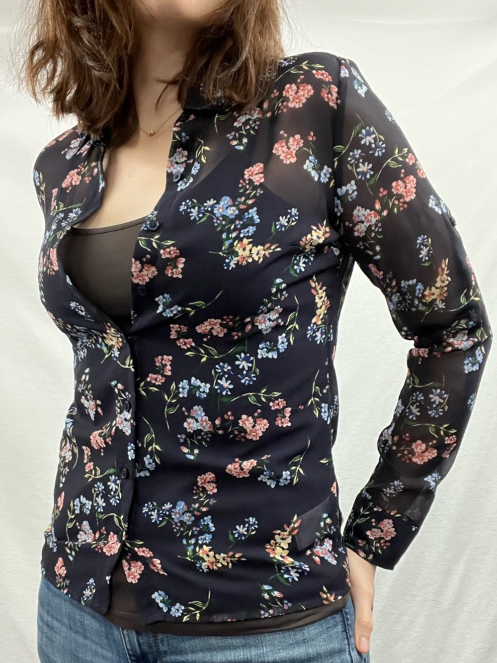 Express Navy Blue Floral Button-Down Shirt with Pink and Blue Blooms